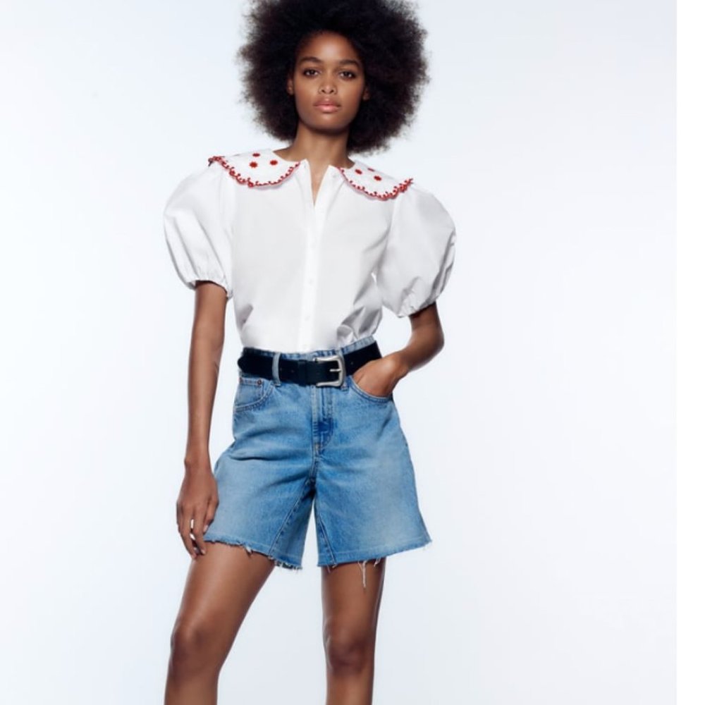 ZARA EMBROIDERED POPLIN TOP  WHITE EUC Sz M
